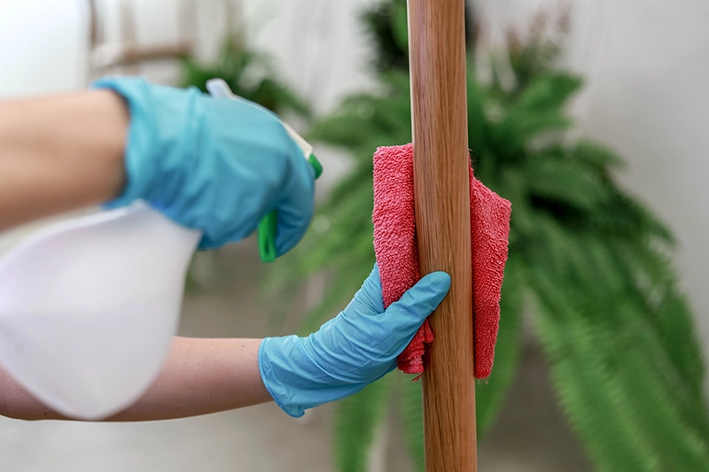Čištění dřevěné garnýže pomocí hadříku a spreje při domácí údržbě