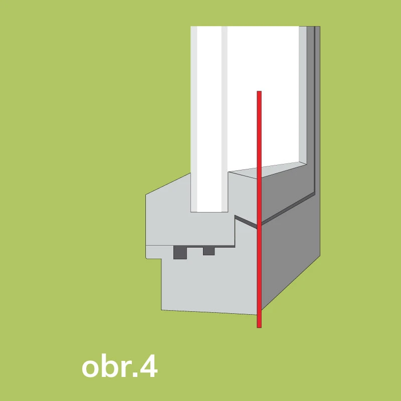 Technická ilustrace okenního profilu s vertikálním zvýrazněním místa, kde konstrukce neumožňuje osazení sítě proti hmyzu